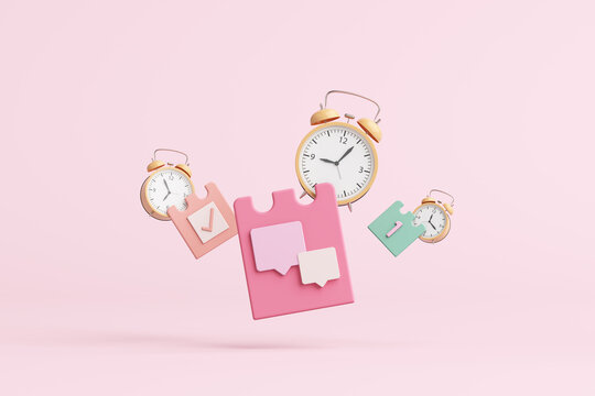 activity time fly float timeless note paper calendar number to do list daily clock alarm timetable work schedule mark tick object minimalist business education cute kids pink pastel. 3D illustration.
