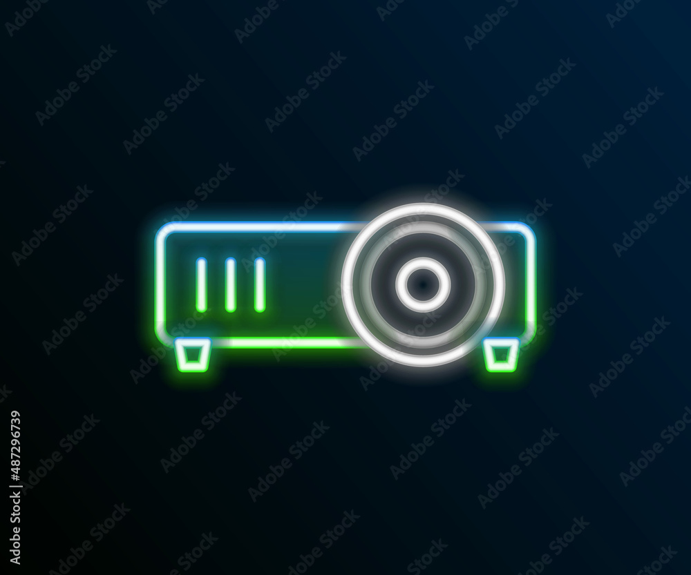 Poster Glowing neon line Presentation, movie, film, media projector icon isolated on black background. Colorful outline concept. Vector