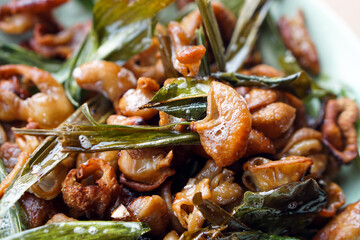 Crispy fried intestines and herbs. Concept : Weird food. Delicious menu in Thailand. Best to eat with beer or eat as appetizer. 