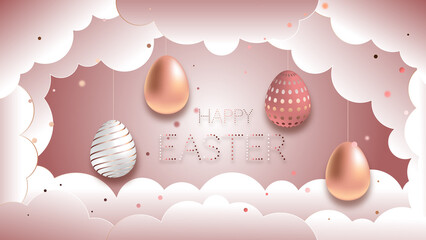 Happy easter 4 eggs in pink white clouds banner