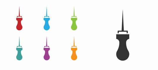 Black Awl tool with wooden handle icon isolated on white background. Work equipment tailor industry. Set icons colorful. Vector