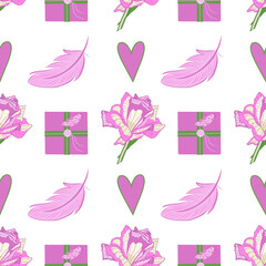 Vector pattern with rose, feathers, heart in pink.