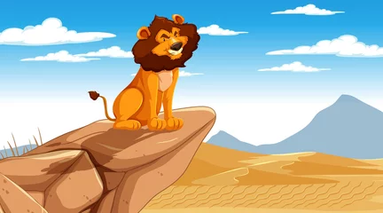 Fototapete Desert scene with a lion sitting at the cliff © blueringmedia