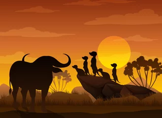 Silhouette savanna forest with wild animals © blueringmedia