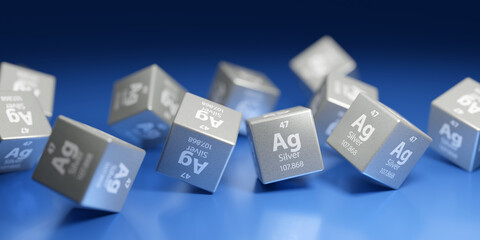 Silver (Ag) precious metal used in science and research, healthcare, industry and chemistry. Promotional education periodic element 3D render.