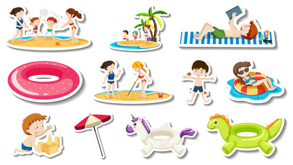Set of summer beach items and children