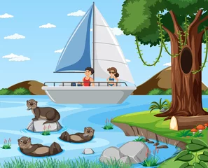 River forest scene with traveller on a sailboat © blueringmedia