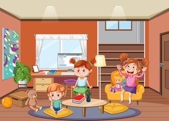 Happy children in the living room scene