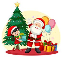 Santa Claus and a girl holding gift box in cartoon style