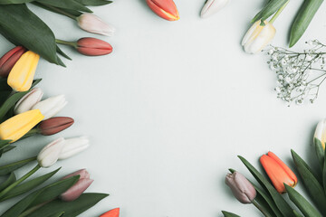 Banner with bouquet of tulips in pink and white colors. Concept of spring, Women's Day, Mother's Day, 8 March, the holiday greetings