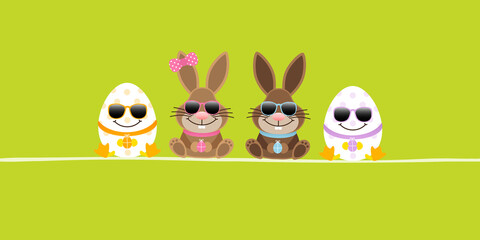 Fototapeta premium Osterhasen Mädchen & Junge Sonnenbrille & 2 Ostereier Banner Grün