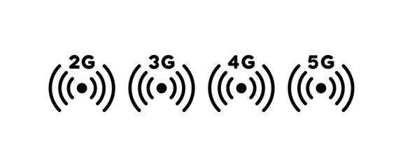 Wireless signal icon set. 2g 3g 4g 5g mobile communication technology. Vector on isolated white background. EPS 10