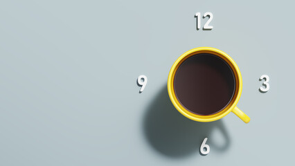 black coffee time alphabet letters clock 3 6 9 12 break cup mug top view light shadow light gray blue background. Time to relax and drink coffee in the morning afternoon and evening. 3D Illustration.