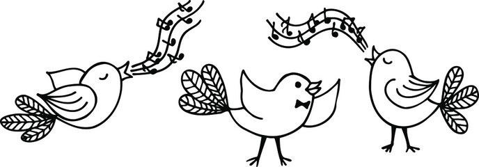 Set of vector illustrations. Singing birds, choir and conductor. - obrazy, fototapety, plakaty