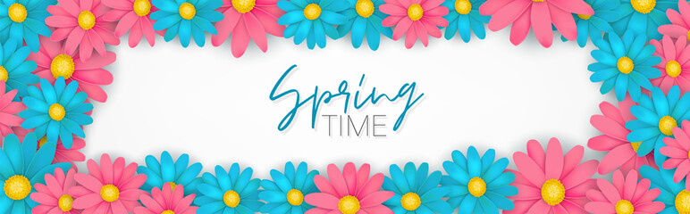 Fototapeta na wymiar Spring time banner or newsletter header. Blue and pink realistic daisy or gerbera flowers. Floral promo design. Vector illustration.