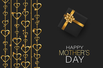 Mothers Day banner. Golden hearts and garland, gift boxes on black background. Vector illustration.