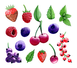 Watercolor set of berries. Cherries, strawberries, blueberries, currants, raspberries and mint leaves. Garden summer harvest. Hand drawn illustration isolated on white background.