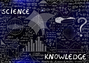 Decorative scientific vector seamless pattern with math figures and equations and the words "Science" and "Knowledge"	
