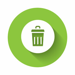 White Trash can icon isolated with long shadow background. Garbage bin sign. Recycle basket icon. Office trash icon. Green circle button. Vector