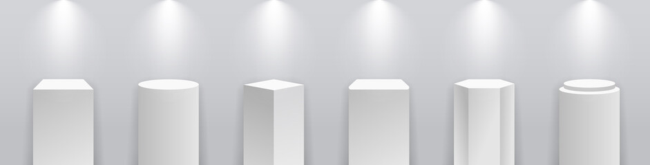 Pedestal podium. White stand with plinth for product. Museum stage. Pillar with platform for showroom, exposition and exhibition. Rectangle, cube, hexagon and round mockup with spotlight. Vector