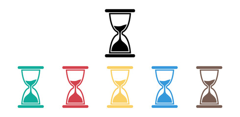 Hourglass. Hourglass icons. Sand glass icons for hour, time, clock and countdown. Black, green, red, yellow blue and brown symbols of watch and timer. Old sandglasss. Vector