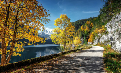 Incredible morning view of Alpine lake with hiking road and colorful trees. Bright autumn scene of nature. Amazing sunny mountain landscape.