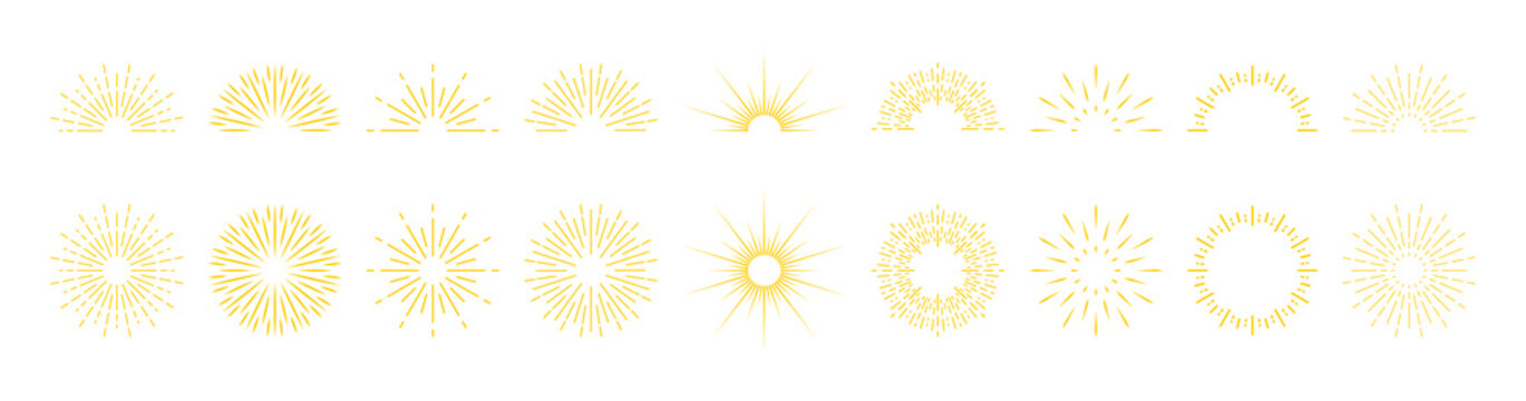 Sunburst lines. Yellow brush sunburst circles and half circles. Sparks and rays of stars and burst sun. Retro elements of sunshine. Icons of sunset or sunrise. Vector