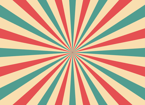 Retro circus stripe background. Vintage circus stripes background. Starburst poster. Carnival wallpaper with sunburst and sunlight. Radial pattern with sunbeam. Vector