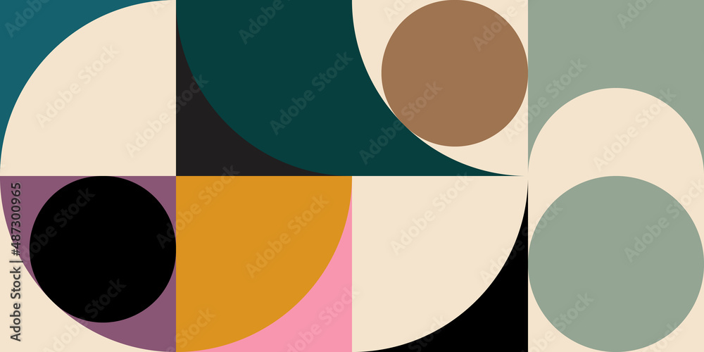Poster Modern vector abstract  geometric background with circles, rectangles and squares  in retro Scandinavian style. Pastel colored simple shapes graphic pattern.