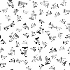 Black High striker attraction with big hammer icon isolated seamless pattern on white background. Attraction for measuring strength. Amusement park. Vector