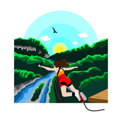 a girl jumps with a bungee, Bungee jumping of a jumper with a rope. Extreme bungee jump over a summer landscape with river, mountains and sky.