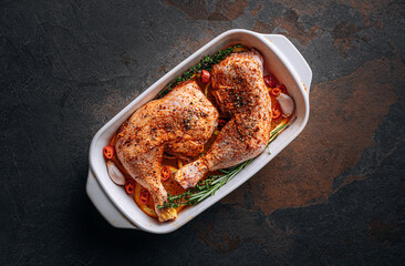 raw turkey chicken thighs rubbed with spices and salt, on a baking sheet, with oranges lemons garlic rosemary thyme and olive oil. the concept of a healthy and tasty dinner for two.