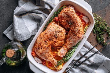 raw turkey chicken thighs rubbed with spices and salt, on a baking sheet, with oranges lemons garlic rosemary thyme and olive oil. the concept of a healthy and tasty dinner for two.