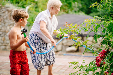 Senior woman and her grandchild working in the garden with plants. Hobbies and leisure, lifestyle,...