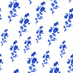 Pattern with blue flowers on a white background. Minimalistic background with silhouettes of flowers. Watercolor wild flowers. Seamless background with plants.