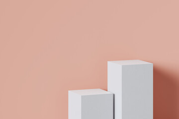 Stage podium stand background. Two white boxes are placed beside the peach colored walls. Advertising display space for placing products fashion cosmetics and art. copy space. 3D illustration.