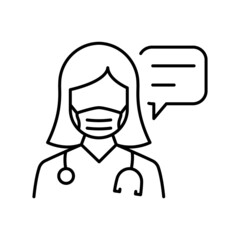 Doctor in Mask with Speech Bubble Consultation Concept Line Icon. Healthcare Chat Outline Icon. Physician Talking Linear Pictogram. Medic Conversation. Editable Stroke. Isolated Vector Illustration