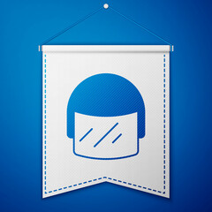 Blue Police helmet icon isolated on blue background. Military helmet. White pennant template. Vector