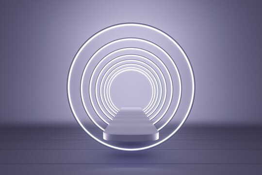 Futuristic Light Glow Circular Round Display Product Advertisement Commercial Catwalk Runway Fashion Show Or Cosmetic Concept Minimal Future High Technology Smart Virtual Dark Blue. 3D Illustration.