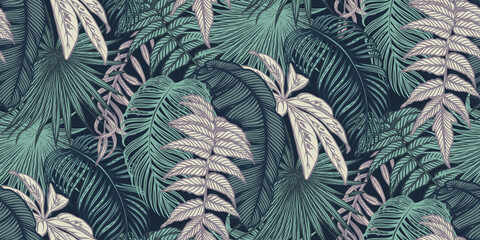 Beautiful seamless pattern with tropical jungle palm, monstera, banana leaves.