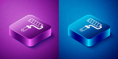 Isometric Paint roller brush icon isolated on blue and purple background. Square button. Vector