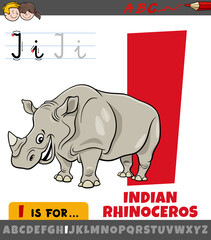 letter I from alphabet with cartoon Indian rhinoceros character