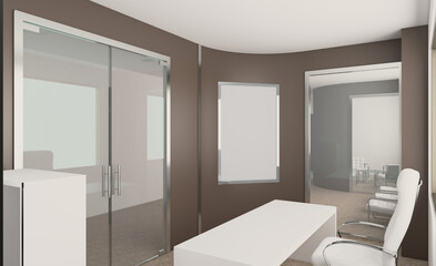 Modern office building interior. 3D rendering.. Mockup.   Empty paintings