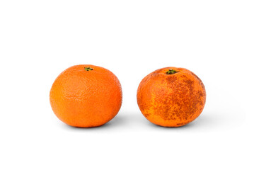 Damaged tangerine isolated on white background. Spoiled mandarine.