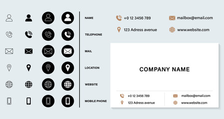 Business Card Template in Modern Elegant Design. Contact Information Icons Set. Address, Mobile Phone, Location, Name, Mail, Website Icons Set. Blank White Business Card Layout. Vector Illustration