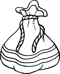 A bag of gifts. Black and white illustration in the doodle style.