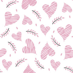 Seamless romantic pattern with hand drawn red hearts. Colorful doodle hearts. Ready template for design, postcards, print, poster, party, Valentine's day, vintage textile.