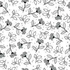 Twigs and leaves. Black and white pattern. Doodle-style illustration.
