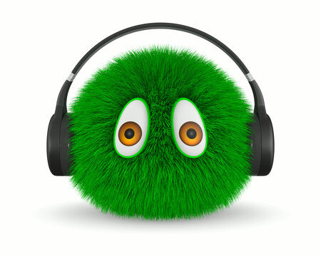 furry monster with headphone on white background. Isolated 3D illustration