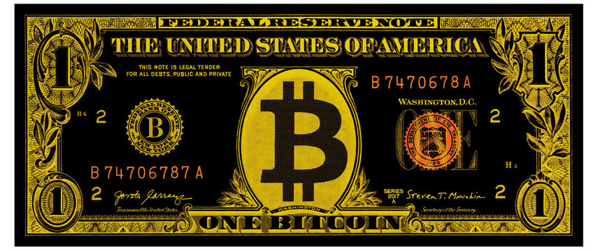 1 one Bitcoin golden Banknote , U.S. 1 highly detailed dollar banknote
